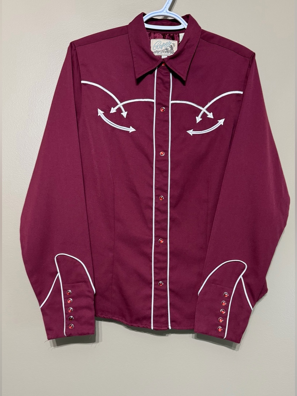 Vintage 90’s Roper Western Embroidered Maroon Snap Down Shirt